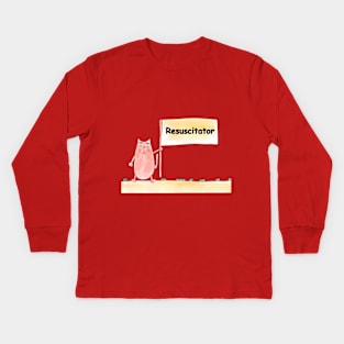 Resuscitator, profession, work, job. Cat shows a banner with the inscription. Watercolor illustration. A gift for a professional. Kids Long Sleeve T-Shirt